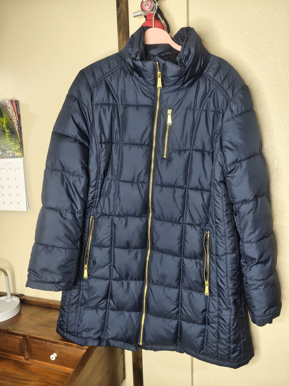 Navy Quilted Long Puffer Coat with Gold-Zip Accents